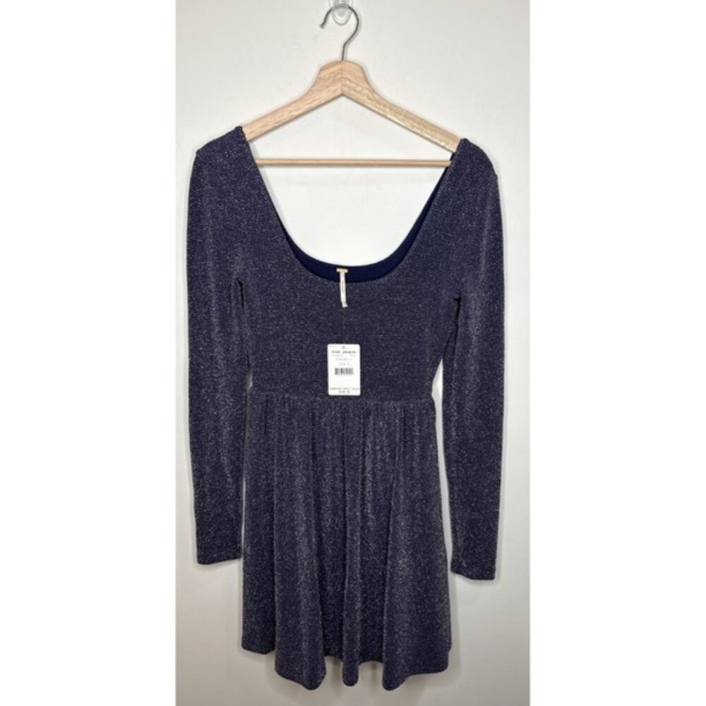 Free People Dress Small Blue Sparkle Skater Mini Disco Party Fairy Stretch S NEW